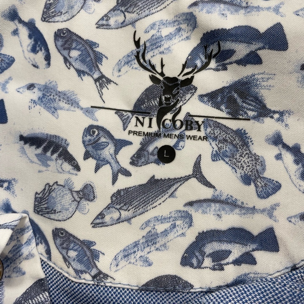 NICOBY AGE OF WISDOM Peach Finish Performance Polo IN BLUE W/ FISH DETAIL - Picture 4 of 4
